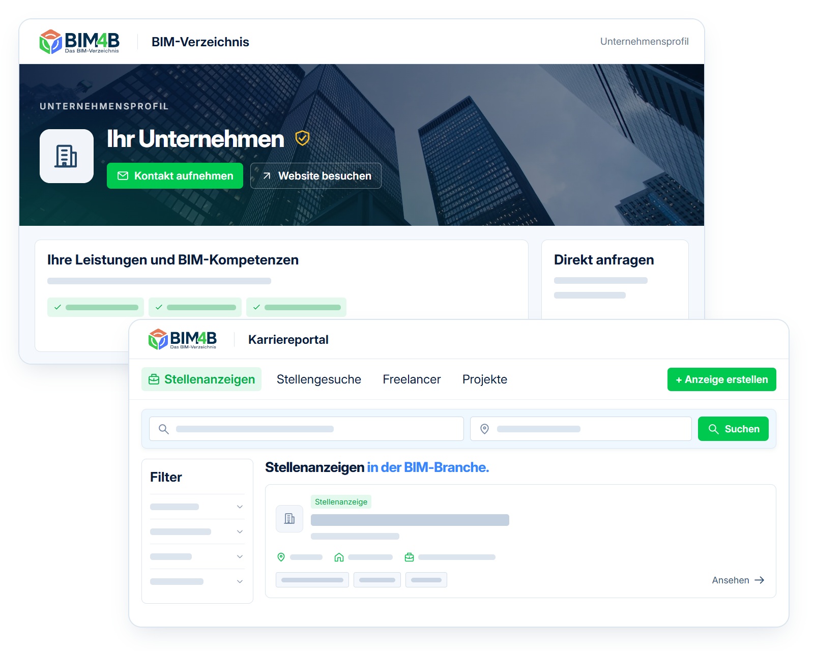 BIM4B: Unternehmensprofil mit Leistungen und Kontaktmöglichkeiten sowie Karriereportal mit Suche, Filtern und Stellenanzeigen